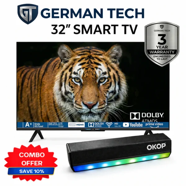 German Tech Combo: 32 Inch Smart TV (GT32S109HD) + OKOP 20W Bluetooth PC TV Soundbar Special Offer - GT-32S109HD