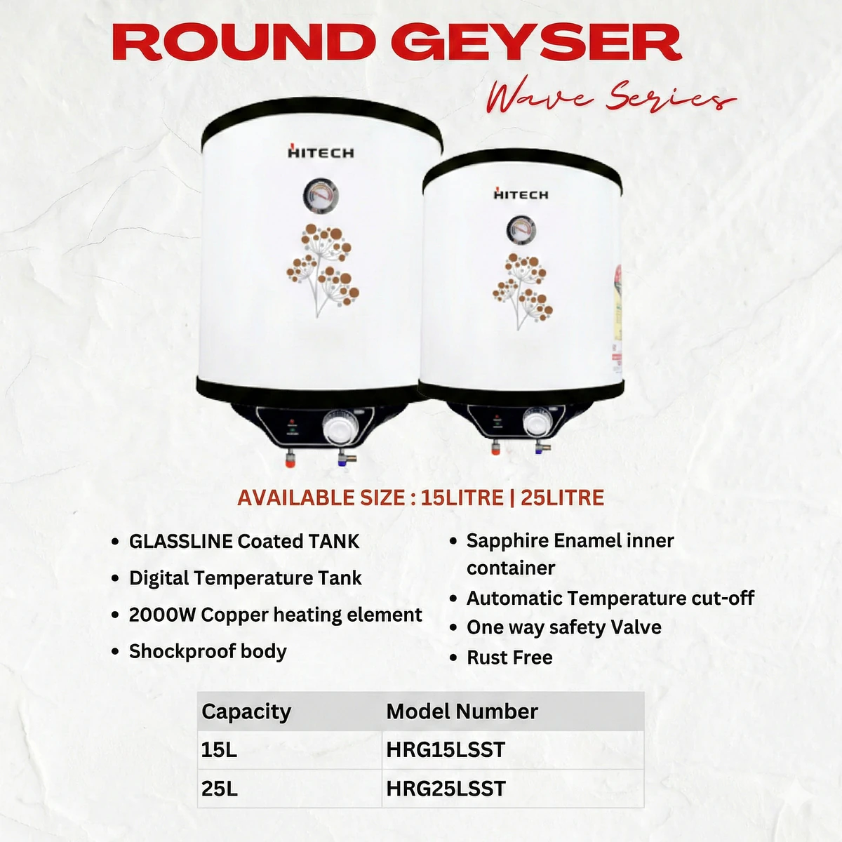 Hitech Malaysia Wave Series 15 Litre Round Electric Water Geyser - Hitech Wave Series Round Electric Water Geyser HRT-15LSST