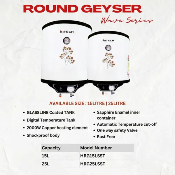 Hitech Malaysia Wave Series 15 Litre Round Electric Water Geyser - Hitech Wave Series Round Electric Water Geyser HRT-15LSST - Nova Hub (2)