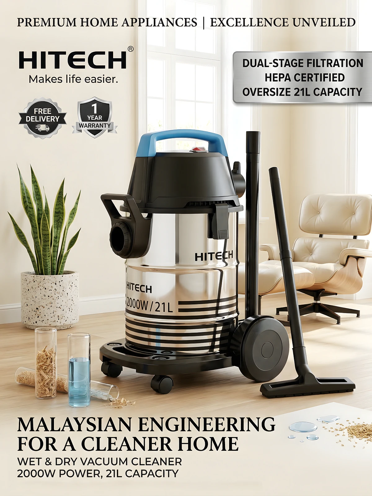 Hitech Malaysia HDVC21L2000W 21L Wet & Dry Drum Vacuum Cleaner with Blower