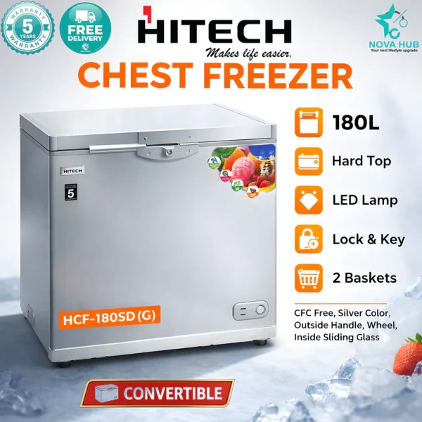 Hitech Malaysia HCF-180SD(G) 180 L Convertible Chest Freezer is the best chest freezer in Nepal. Shop genuine products at Nova Hub.