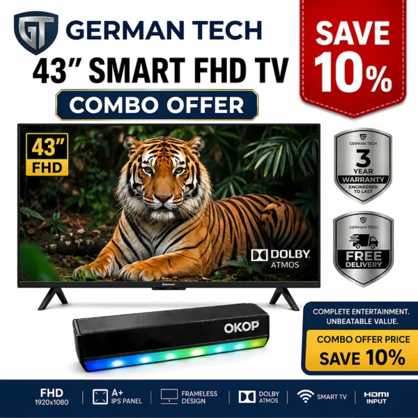 German Tech Combo: 43 Inch Smart TV (GT43S109FHD)+ OKOP 20 W Bluetooth PC TV Soundbar Special Offer - GT-43S109HD