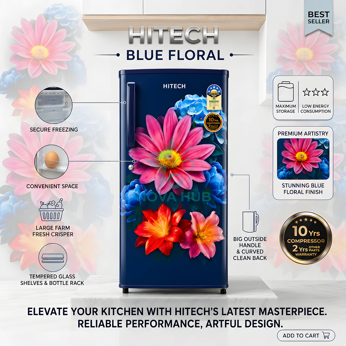 Hitech Malaysia 225 L Single Door Refrigerator HS225ANMF HS225ANBF / Premium Glossy Floral