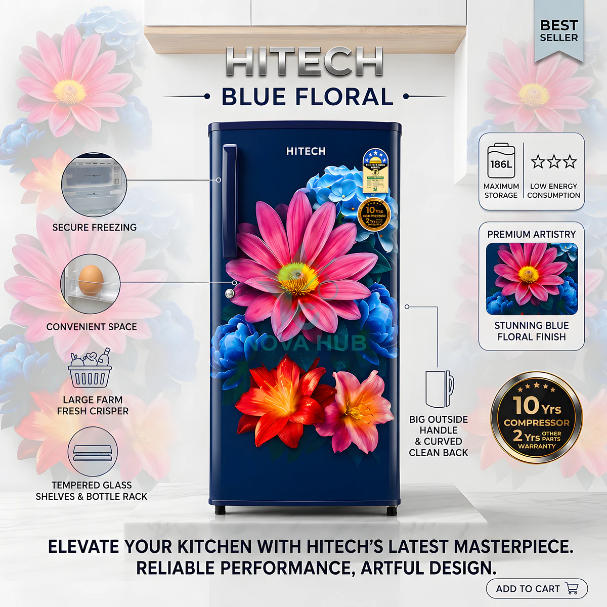 Hitech Malaysia 186 L Single Door Refrigerator HS186ANMF HS186ANBF / Premium Glossy Floral