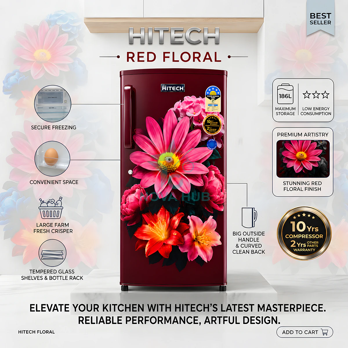 Hitech Malaysia 186 L Single Door Refrigerator HS186ANMF HS186ANBF / Premium Glossy Floral