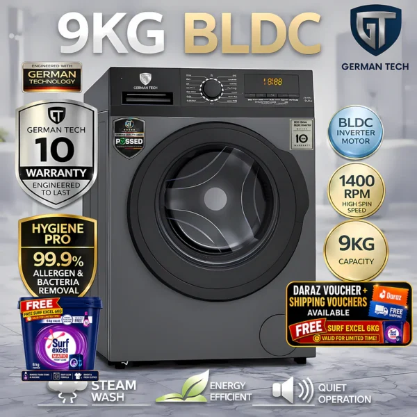 German Tech 9 KG Washing Machine Fully Automatic - GT-9KG-BLDC is the best washing machine in Nepal. Shop genuine products at Nova Hub.