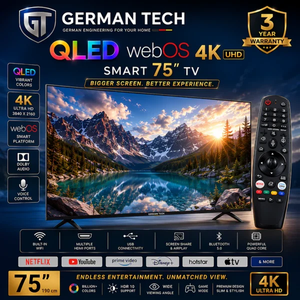 German Tech 75 Inch WebOS QLED 4k TV GT75DWB109UHD - German Tech 75 Inch Smart TV GT75DWB109UHD
