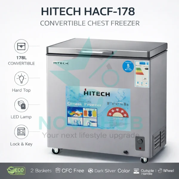 Hitech Malaysia HACF-178DS 178 L Convertible Chest Freezer is the best chest freezer in Nepal. Shop genuine products at Nova Hub.