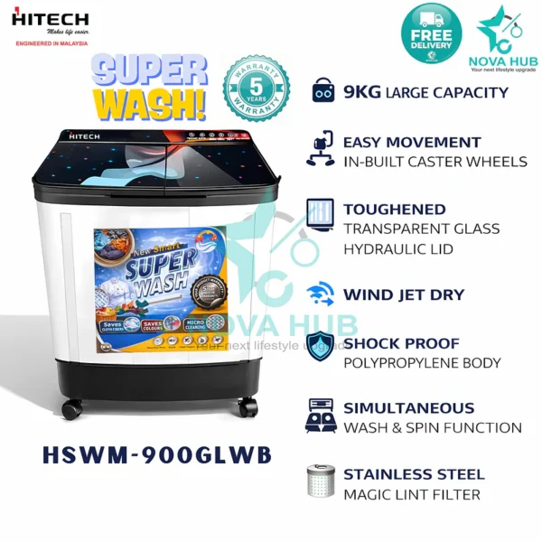 Hitech Malaysia 9 KG Semi Automatic Top Loading Washing Machine - HSWM-900GLWB is the best washing machine in Nepal. Shop genuine products at Nova Hub.
