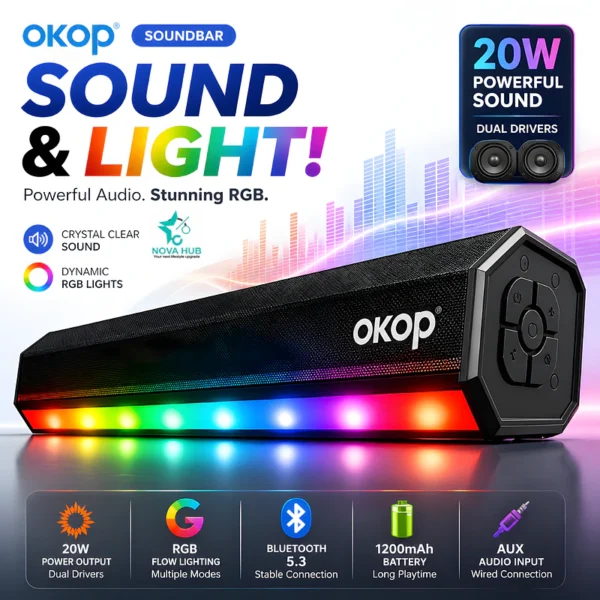 OKOP RGB Bluetooth PC TV Soundbar speaker low latency - KP-557 is the best soundbar in Nepal. Shop genuine products at Nova Hub.