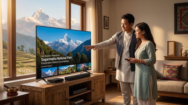 QLED TV vs LED TV comparison showing a couple choosing a television with a scenic mountain view in the background