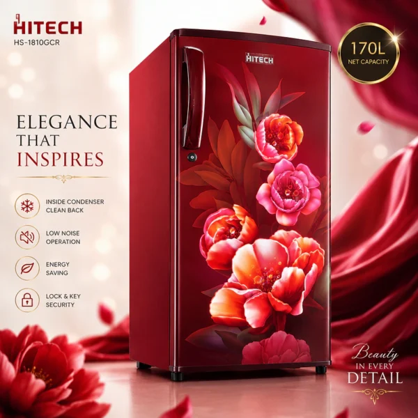 Hitech Malaysia 170 L Single Door Refrigerator HS1810GCB HS1810GCR / Premium Glossy Floral - HS1810GCB / HS1810GCR - best single door refrigerator in Nepal. Shop at Nova Hub.
