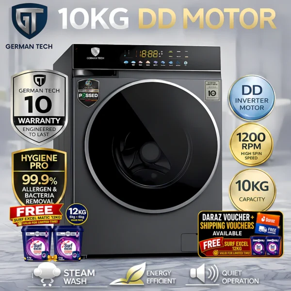 German Tech 10 KG Washing Machine Fully Automatic - GT-10KG-DD is the best washing machine in Nepal. Shop genuine products at Nova Hub.