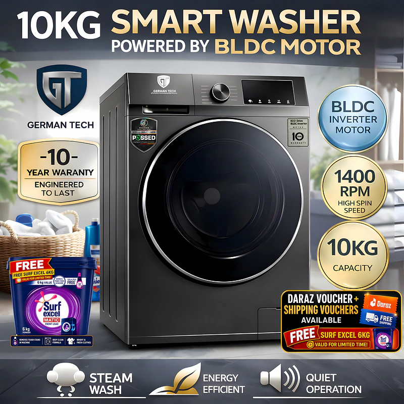 German Tech 10 KG Washing Machine BLDC Inverter Fully Automatic - GT-10KGBLDC is the best washing machine in Nepal. Shop genuine products at Nova Hub.