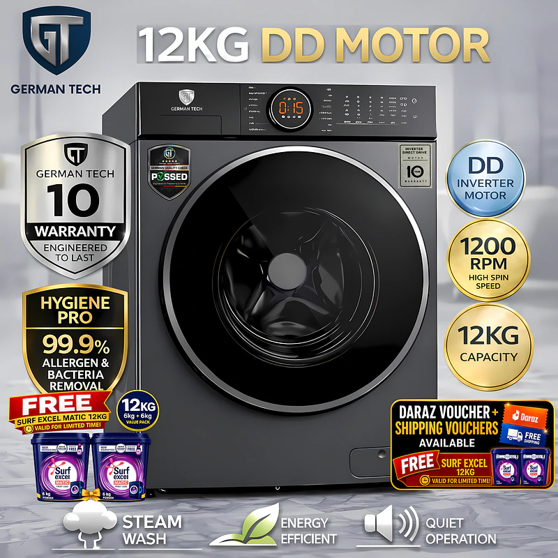 German Tech 12 KG Washing Machine Fully Automatic - GT-12KG-DD is the best washing machine in Nepal. Shop genuine products at Nova Hub.