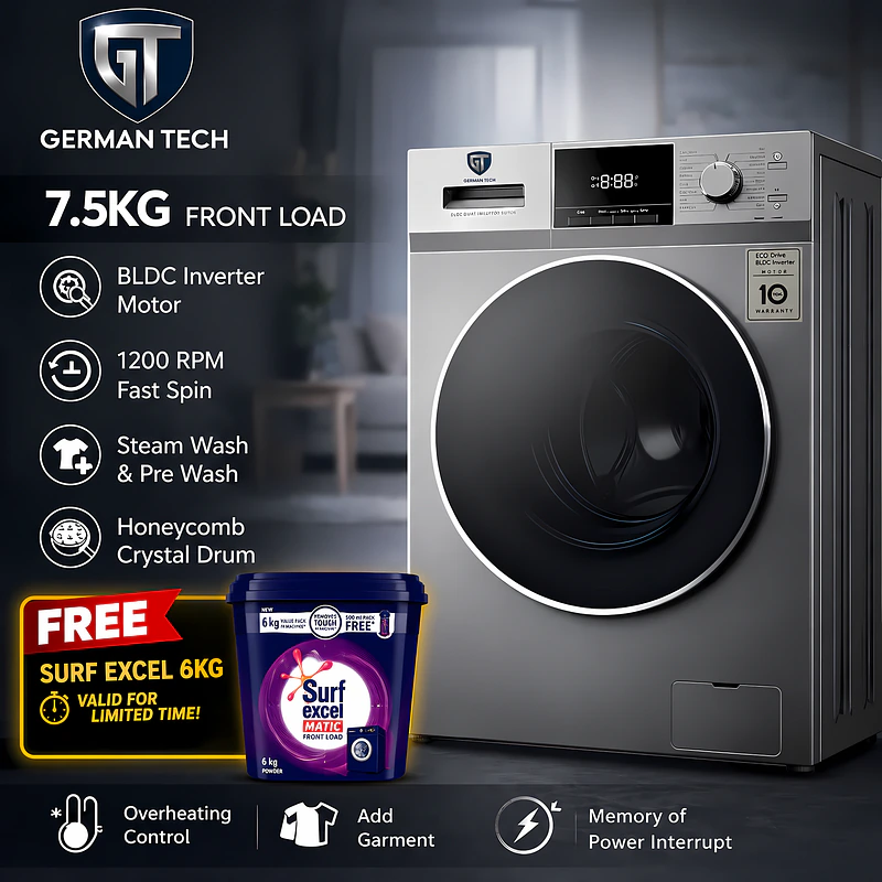 German Tech 7.5 KG Washing Machine Fully Automatic - 7.5KG-BLDC is the best washing machine in Nepal. Shop genuine products at Nova Hub.