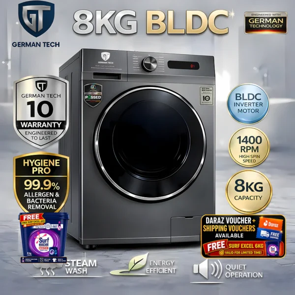 German Tech 8 KG Washing Machine Fully Automatic BLDC - GT-8KG-BLDC is the best washing machine in Nepal. Shop genuine products at Nova Hub.
