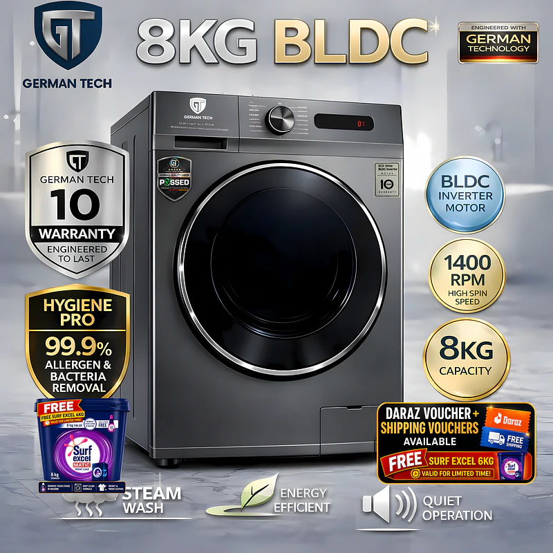 German Tech 8 KG Washing Machine Fully Automatic BLDC - GT-8KG-BLDC is the best washing machine in Nepal. Shop genuine products at Nova Hub.