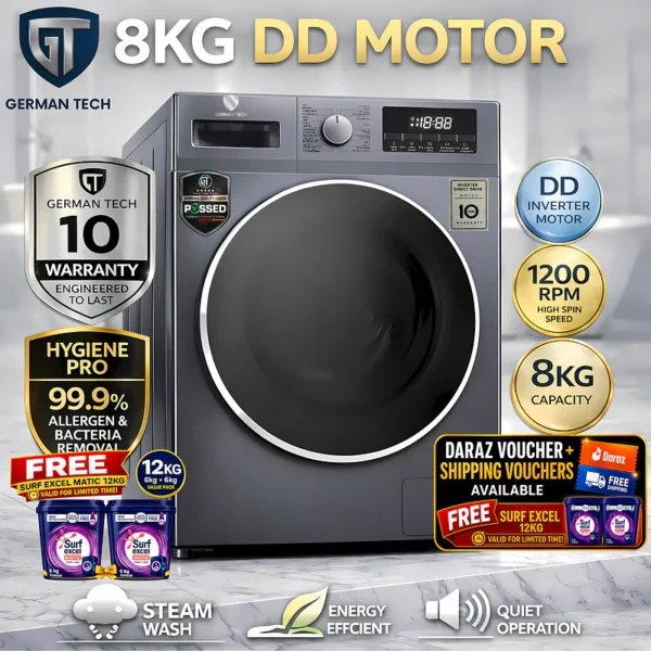 German Tech 8 KG Washing Machine Fully Automatic - GT-8KG-DD is the best washing machine in Nepal. Shop genuine products at Nova Hub.