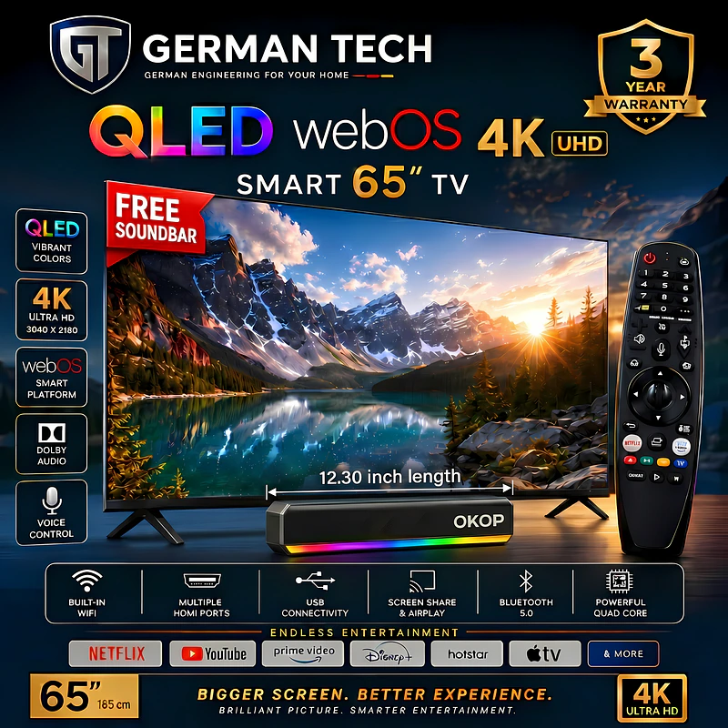 German Tech 65 Inch WebOS QLED 4k TV GT65DWB109UHD High Contrast Metal Back Magic Remote Voice Control Dolby Audio Gaming - German Tech 65 Inch Smart TV GT65DWB109UHD - best tv in Nepal. Shop at Nova Hub.