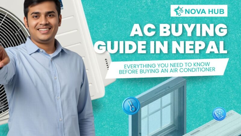 Person holding an air conditioner in AC buying guide banner for Nepal