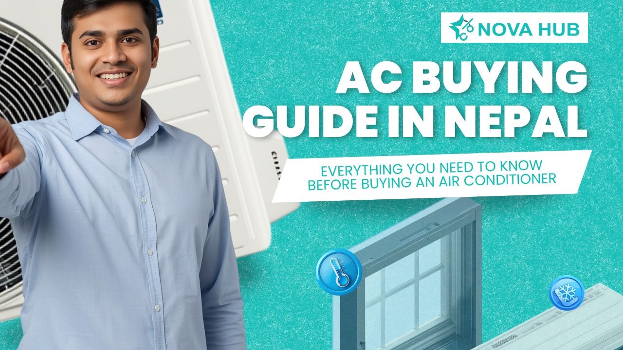 Person holding an air conditioner in AC buying guide banner for Nepal