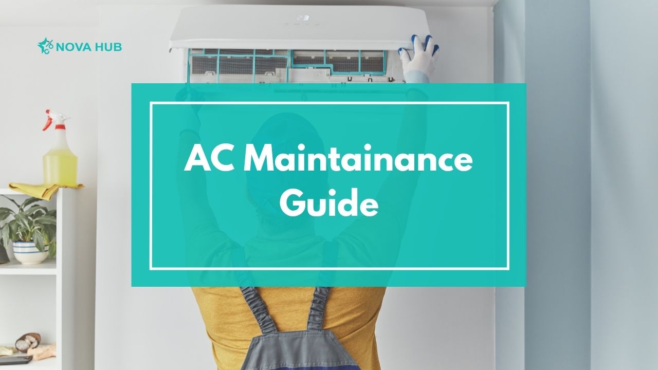 AC maintenance guide showing a technician cleaning an air conditioner