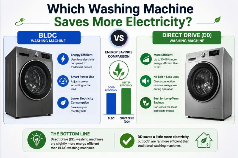 Bldc Vs Direct Drive Washing Machine: What'S The Difference &Amp; Which Is Better? 4 BLDC vs Direct Drive washing machine electricity saving comparison infographic