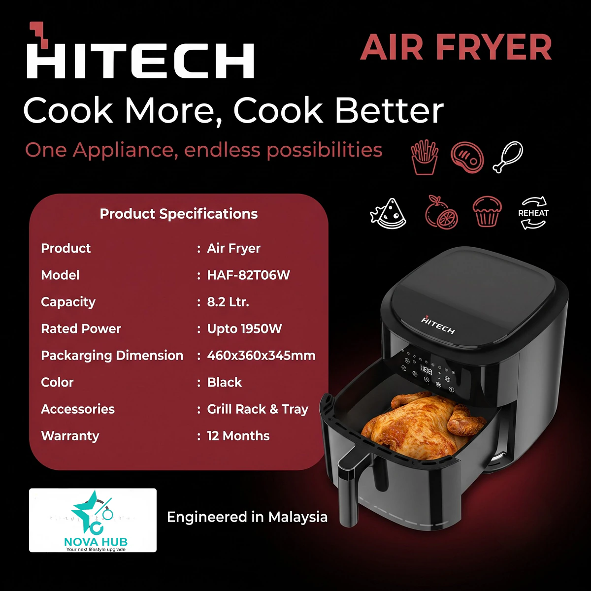 Hitech Premium 8.2 L Transparent Glass Window Air Fryer - Haf-82T06W 6 Hitech Premium 8.2 L Transparent Glass Window Air Fryer - HAF-82T06W