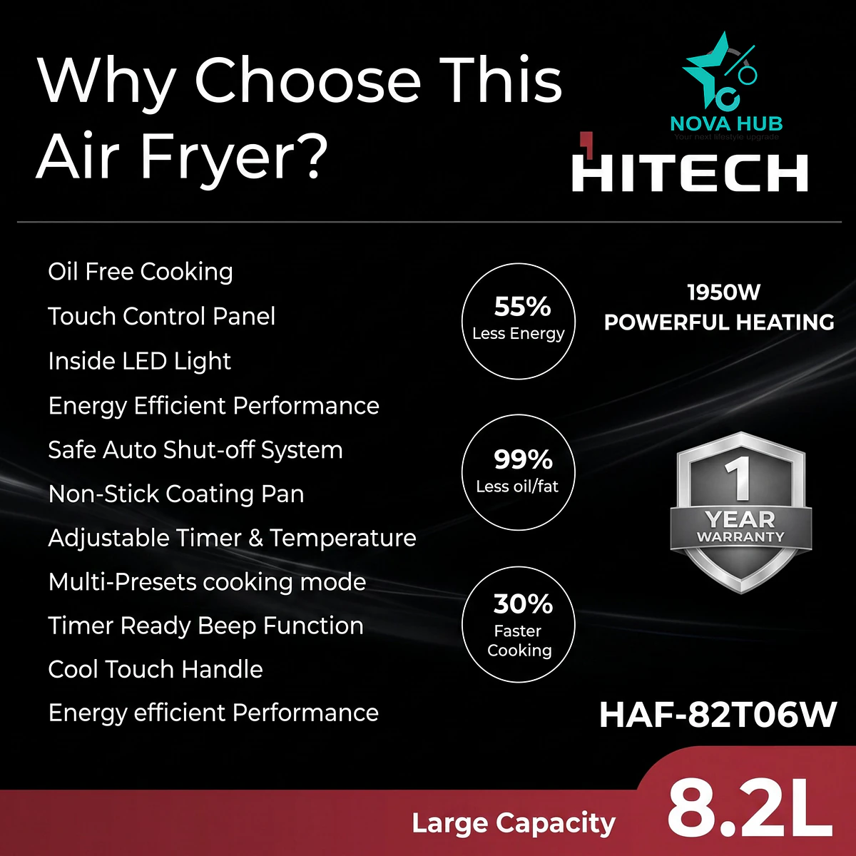 Hitech Premium 8.2 L Transparent Glass Window Air Fryer - Haf-82T06W 4 Hitech Premium 8.2 L Transparent Glass Window Air Fryer - HAF-82T06W