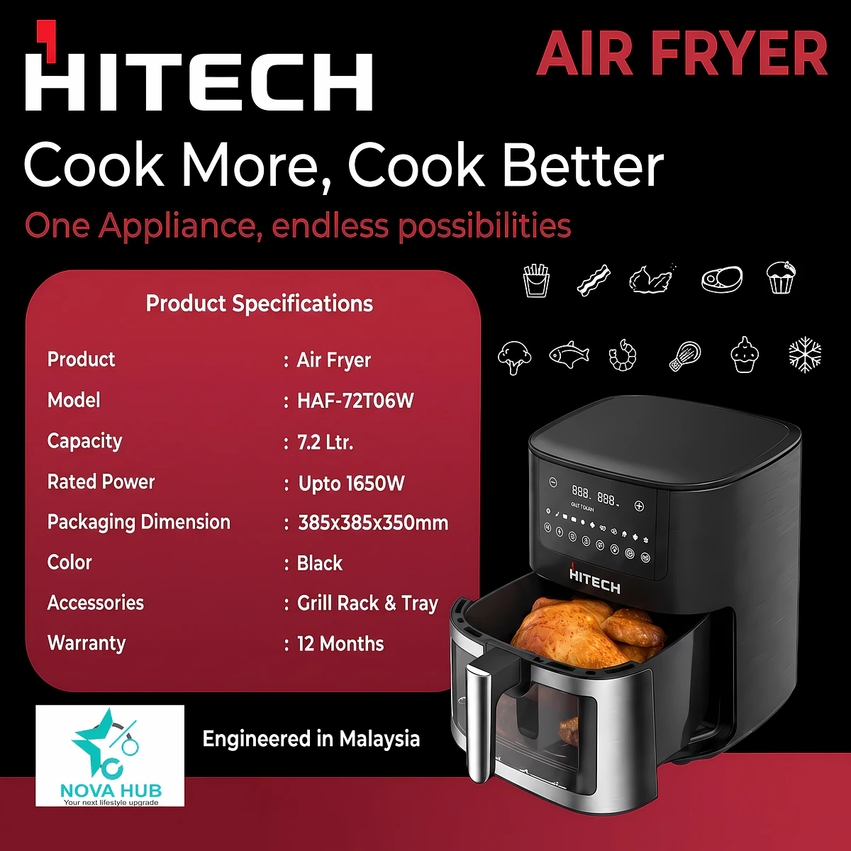 Hitech Combo Premium 7.2 L 90% Less fat Digital Transparent Window Air Fryer - 7.2L Airfryer HAF-72T06W + HK04IND-1 Induction