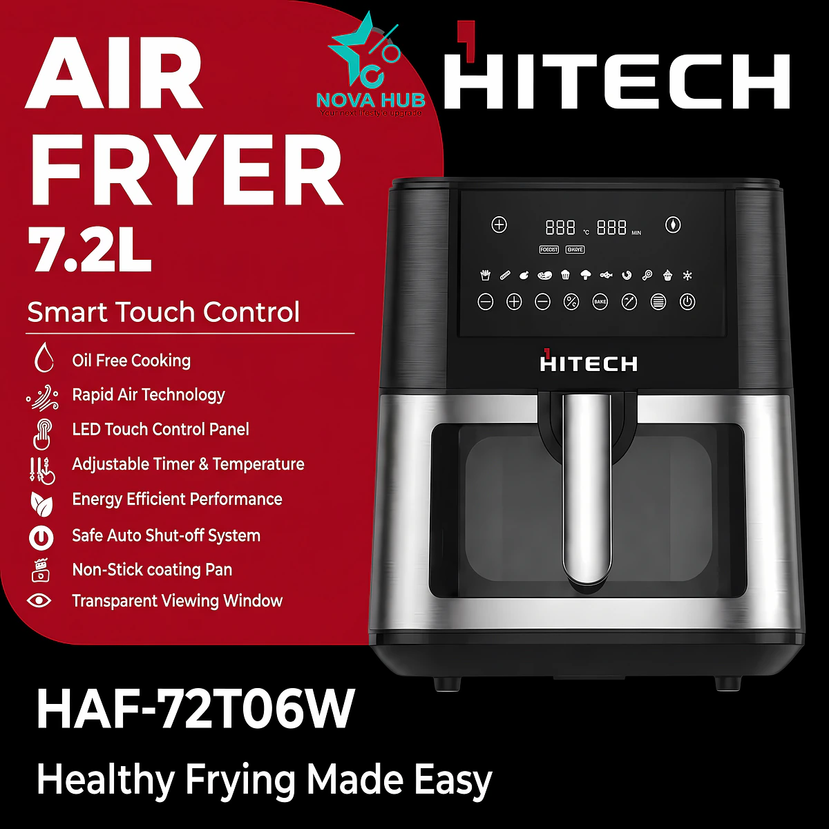 Hitech Combo Premium 7.2 L 90% Less fat Digital Transparent Window Air Fryer - 7.2L Airfryer HAF-72T06W + HK04IND-1 Induction