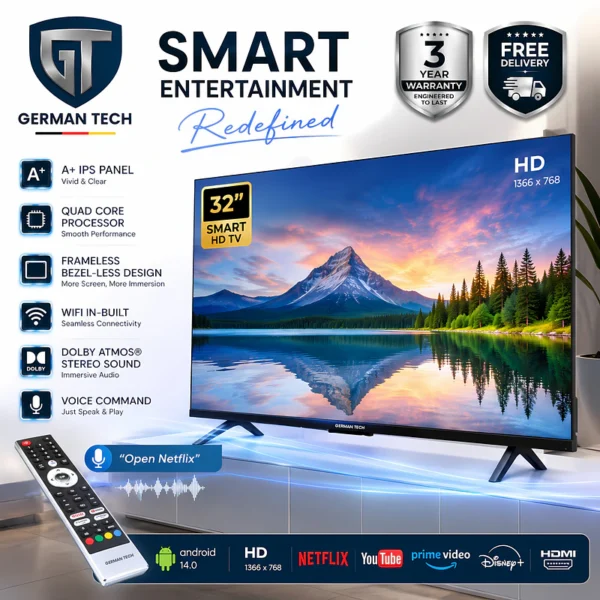 German Tech 32 Inch Smart TV (GT32S109HD) Voice Command - GT-32S109HD - best tv in Nepal. Shop at Nova Hub.