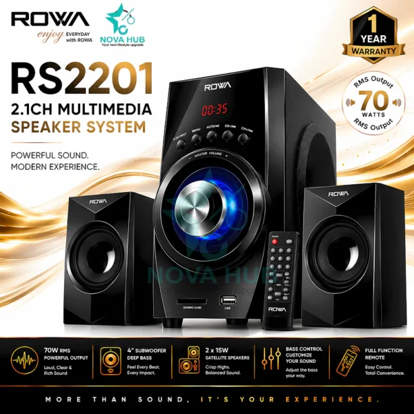 ROWA RS2201 Premium 2.1 Multimedia Speaker System - Ultimate Clarity for Cinema Experience - best bluetooth speaker in Nepal. Shop at Nova Hub.
