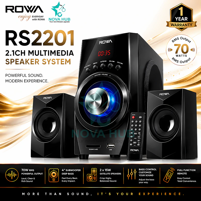 ROWA RS2201 Premium 2.1 Multimedia Speaker System - Ultimate Clarity for Cinema Experience - best bluetooth speaker in Nepal. Shop at Nova Hub.
