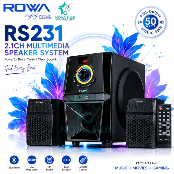 ROWA RS231 Premium 2.1 Multimedia Speaker System - Heavy Bass & loud Gaming - best bluetooth speaker in Nepal. Shop at Nova Hub.