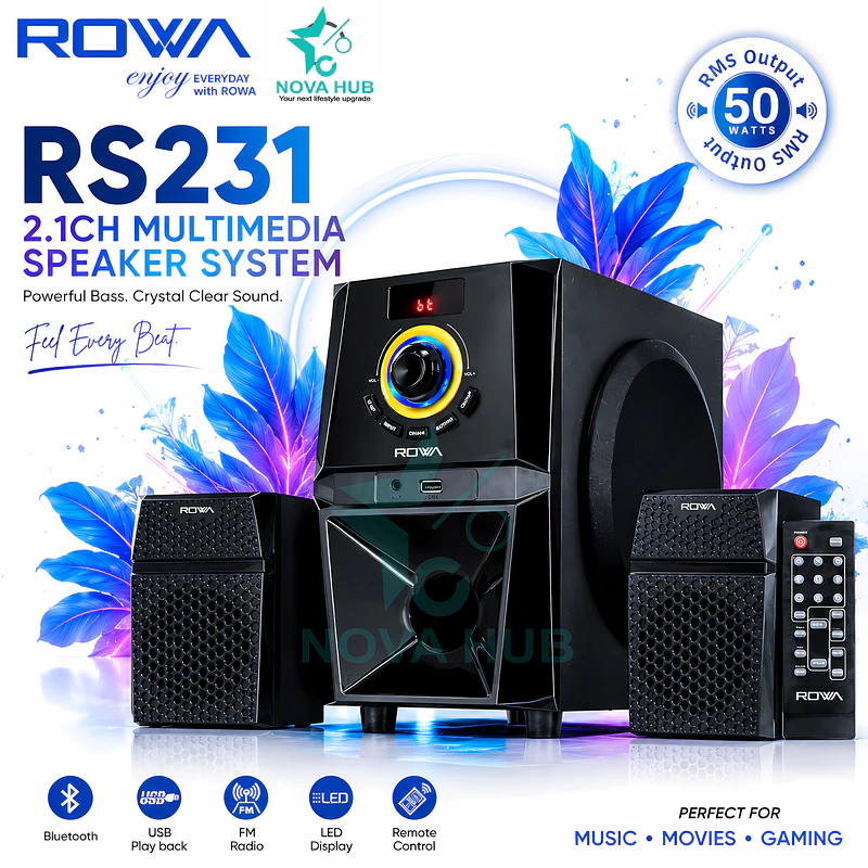 ROWA RS231 Premium 2.1 Multimedia Speaker System - Heavy Bass & loud Gaming - best bluetooth speaker in Nepal. Shop at Nova Hub.