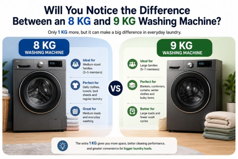 8 Kg Vs 9 Kg Washing Machine: Which Capacity Is Best For Your Family In Nepal? 3 Comparison of 8 kg vs 9 kg front load washing machines showing drum capacity differences