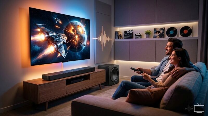 Couple watching a large TV in Nepal with a soundbar at home