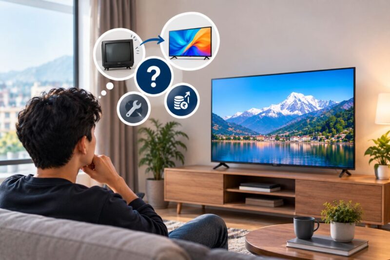 Buy A Tv In Nepal: Why You Should Upgrade Your Tv In 2026 4 Person considering whether to buy a TV in Nepal while viewing a modern smart TV in a living room
