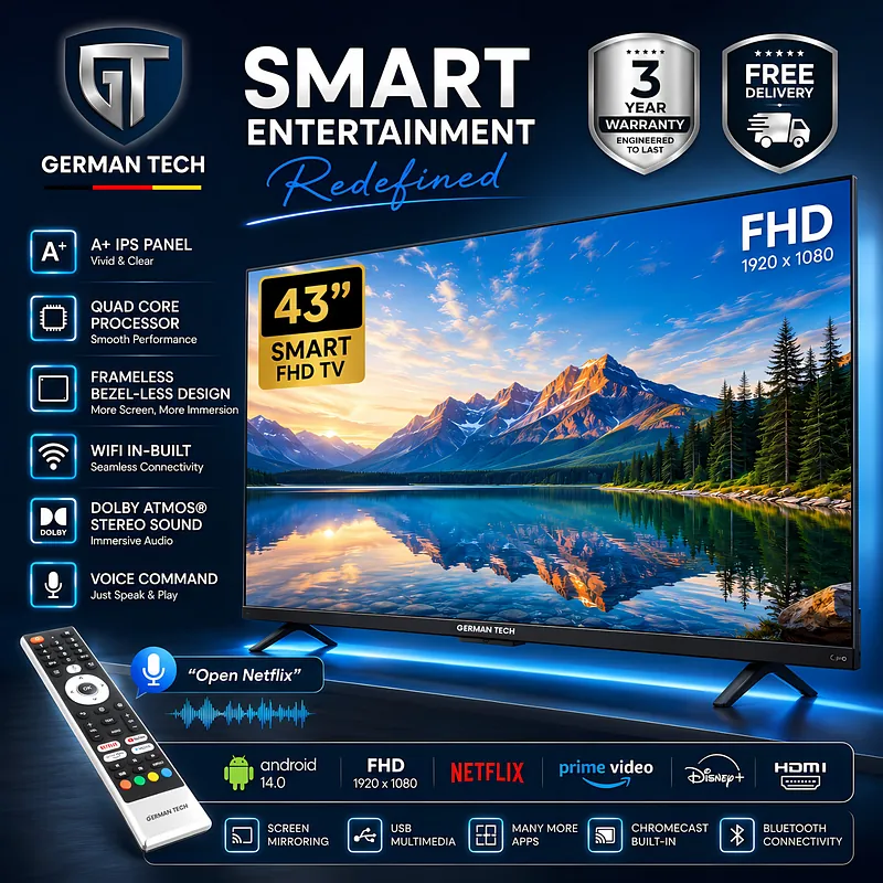 German Tech Combo: 43 Inch Smart TV (GT43BT109FHD)+ Home Theater / Soundbar / Multimedia Speaker Special Offer Latest Android 14 A+ Grade IPS Panel German Technology Bezel-less Frameless Design 24 W Monster Sound HD 1366x768 3 Years Warranty Home Theater - GT-43BT109HD - Nova Hub (2)