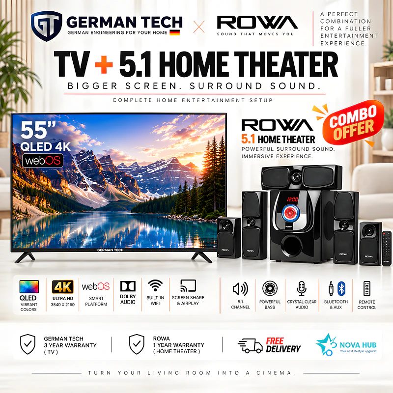 German Tech Combo 55 Inch WebOS QLED 4k TV + Home Theater - German Tech 55 Inch Smart TV GT55DWB109UHD - best combo in Nepal. Shop at Nova Hub.