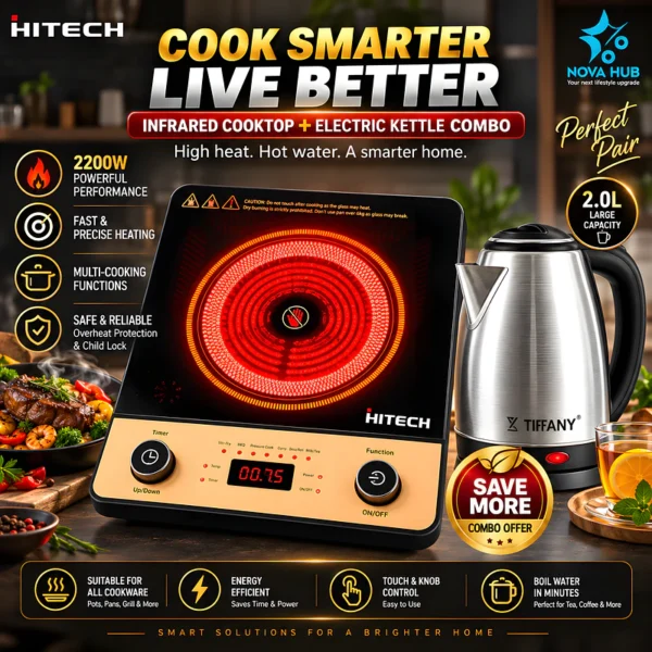 HITECH Induction / Infrared Cooktop + TIFFANY 2.0 L Electric Kettle Combo - hk04inf-3 + tf6613 - best combo in Nepal. Shop at Nova Hub.