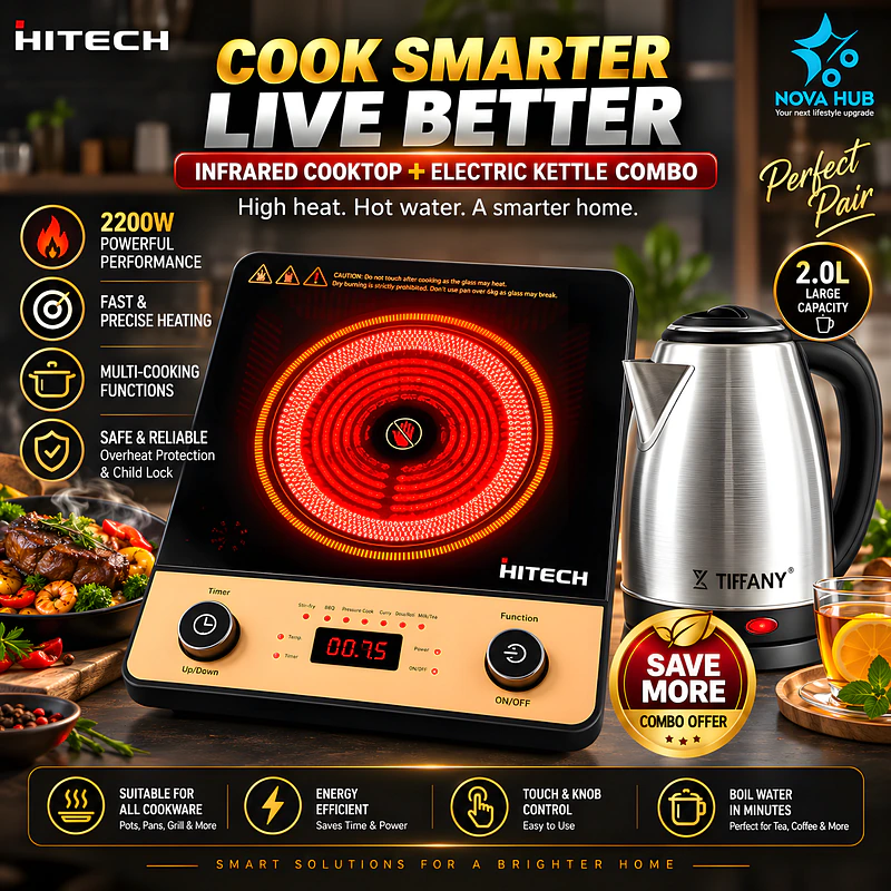 HITECH Induction / Infrared Cooktop + TIFFANY 2.0 L Electric Kettle Combo - hk04inf-3 + tf6613 - best combo in Nepal. Shop at Nova Hub.