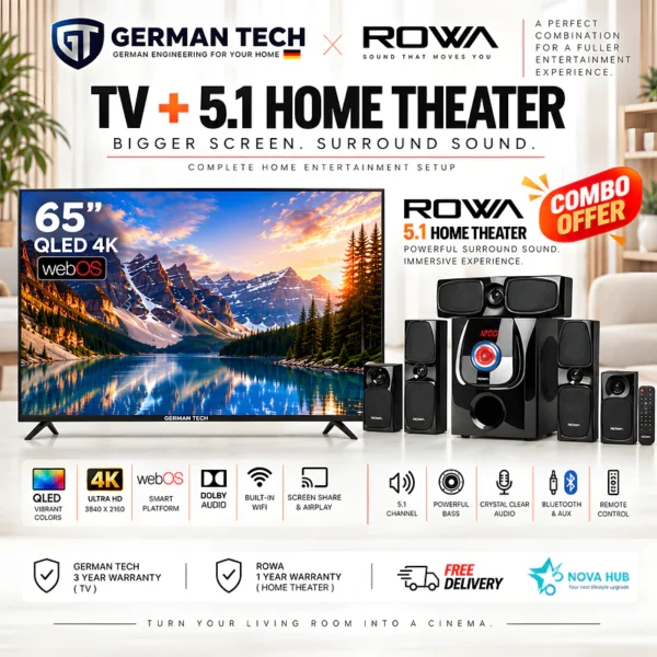 German Tech Combo 65 Inch Smart WebOS 4k QLED TV + Home Theater - German Tech 65 Inch Smart TV GT65DWB109UHD - best combo in Nepal. Shop at Nova Hub.