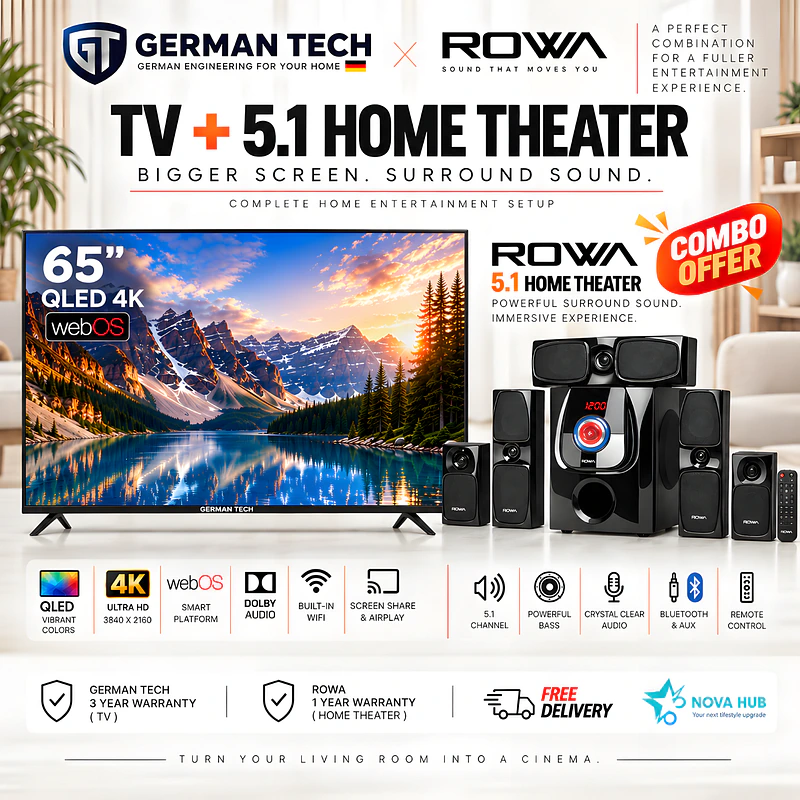 German Tech Combo 65 Inch Smart WebOS 4k QLED TV + Home Theater - German Tech 65 Inch Smart TV GT65DWB109UHD - best combo in Nepal. Shop at Nova Hub.