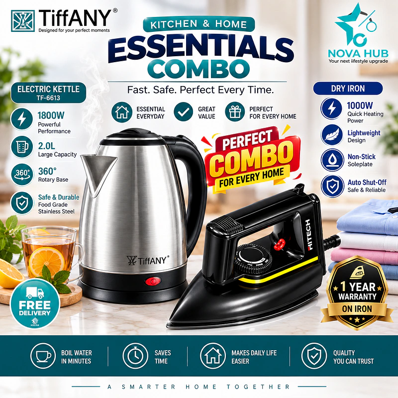 Combo: Tiffany Original TF-6613 Electric Kettle 2 L + Hitech Iron - tf6613 + Deluxe Iron - best combo in Nepal. Shop at Nova Hub.