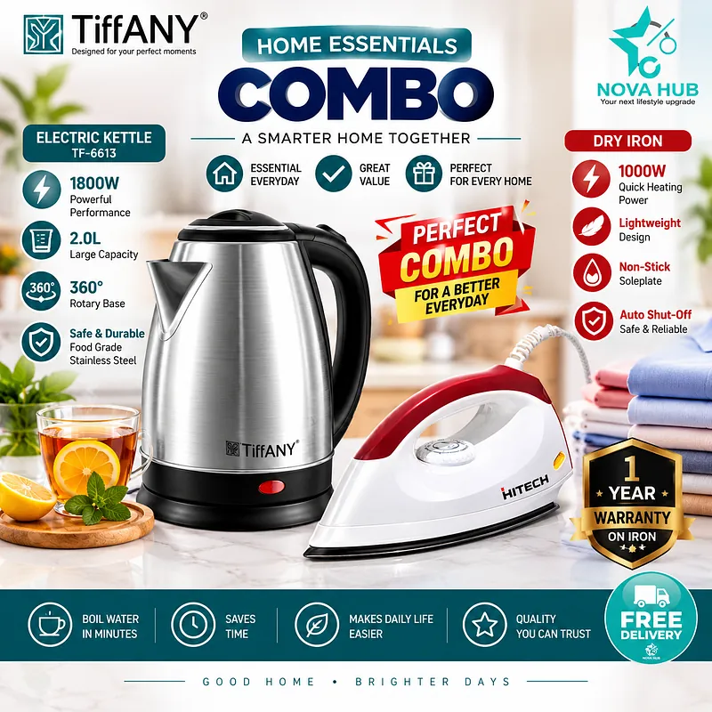 Combo: Tiffany Original TF-6613 Electric Kettle 2 L + Hitech Iron - tf6613 + Deluxe Iron - Nova Hub (2)