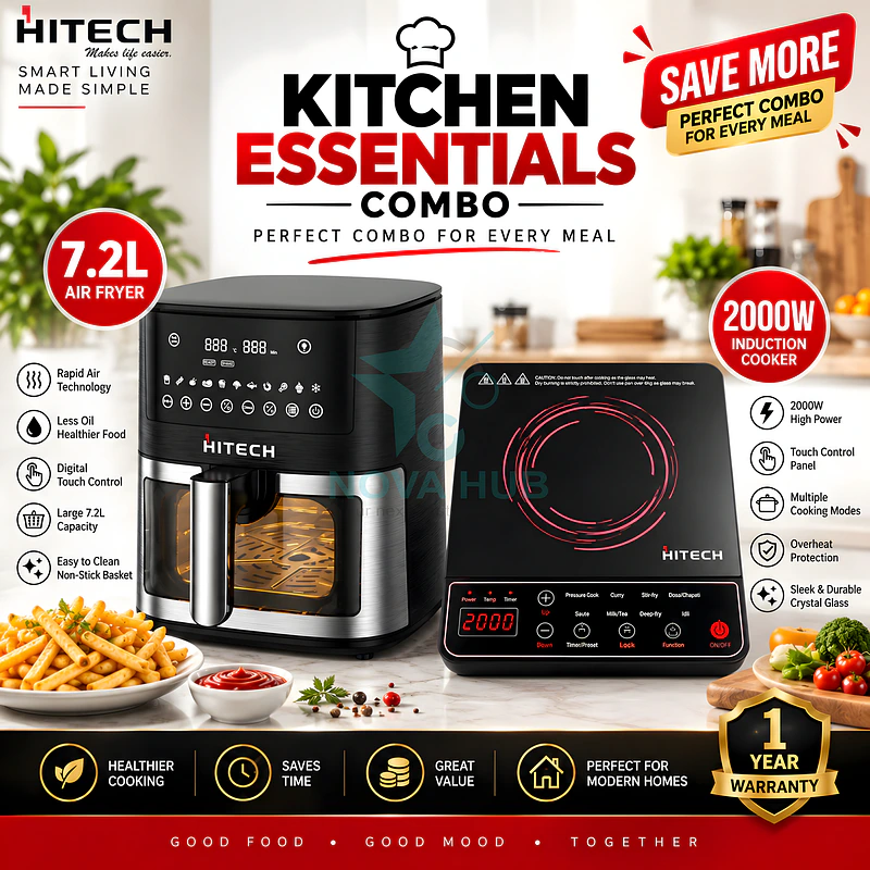 Hitech Combo Premium 7.2 L 90% Less fat Digital Transparent Window Air Fryer - 7.2L Airfryer HAF-72T06W + HK04IND-1 Induction - best combo in Nepal. Shop at Nova Hub.