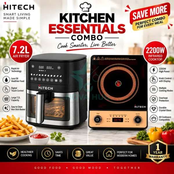 Hitech Combo Premium 7.2 L 90% Less fat Digital Transparent Window Air Fryer - 7.2L Airfryer HAF-72T06W + HK04IND-1 Induction - Nova Hub - Airfryer + Infrared